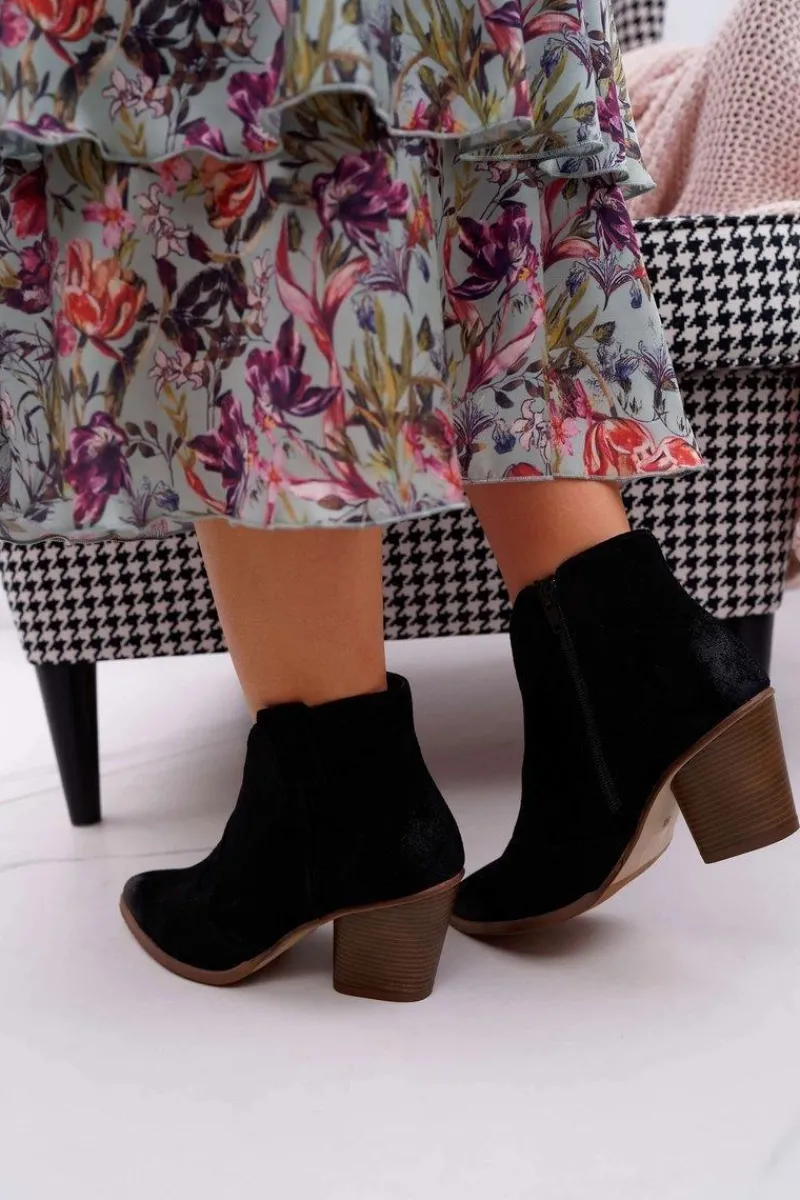 Botki Wiosenne|Botki Na Słupku>Boto Botki Damskie Czarne Skórzane na Obcasie Chavai