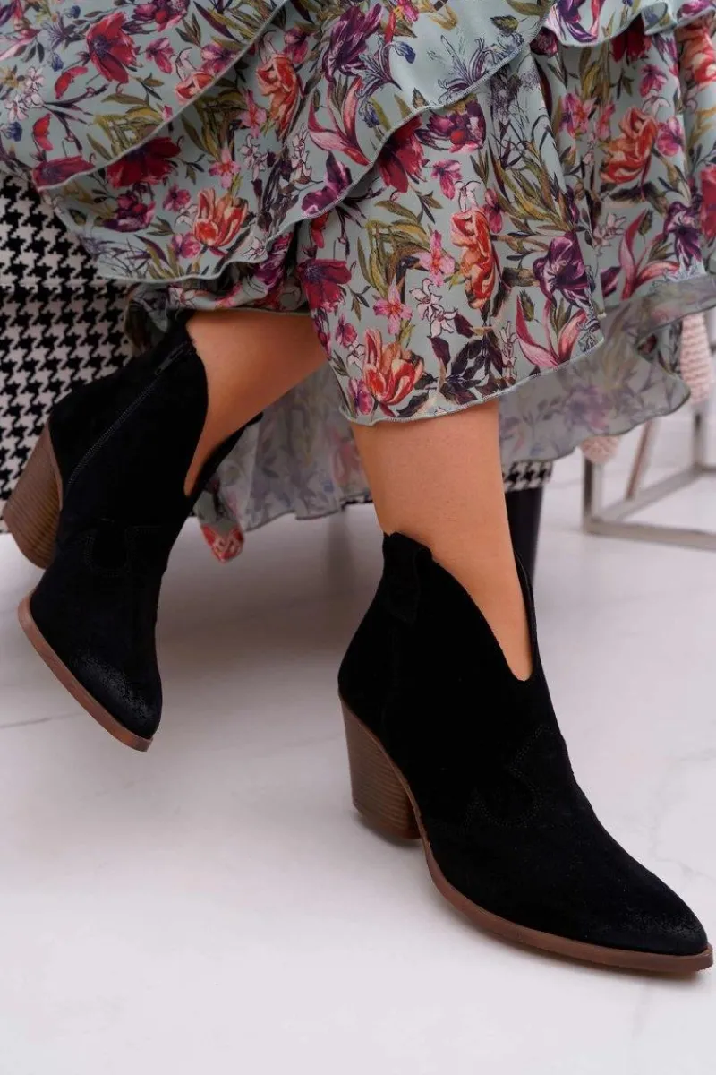 Botki Wiosenne|Botki Na Słupku>Boto Botki Damskie Czarne Skórzane na Obcasie Chavai