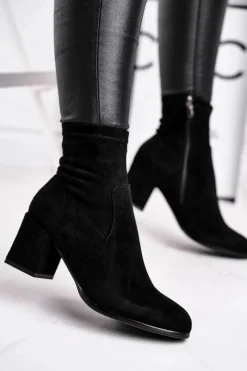 Sale Botki Damskie Czarne Zamszowe Merducio Damskie Botki Na Słupku|Czarne Botki