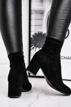 Sale Botki Damskie Czarne Zamszowe Merducio Damskie Botki Na Słupku|Czarne Botki