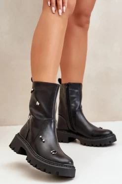 Czarne Botki|Botki Płaskie>Boto Botki Damskie Eko Skórzane Na Zamek Z Ozdobnymi Detalami Czarne Reritha