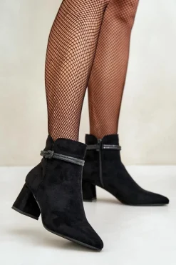 Brązowe I Beżowe Botki|Botki Na Obcasie>Boto Botki Damskie Eko Zamszowe Na Słupku Z Noskami W Szpic Czarne Terivannes