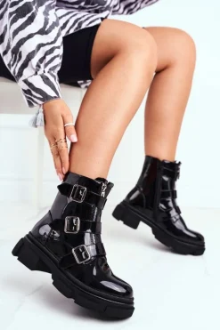 Czarne Botki|Botki Zimowe Damskie>Boto Botki Damskie Klamry Suwaki Lakierowane Czarne Kassandra