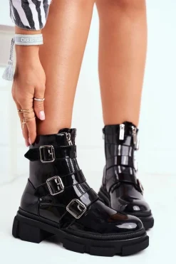 Czarne Botki|Botki Zimowe Damskie>Boto Botki Damskie Klamry Suwaki Lakierowane Czarne Kassandra