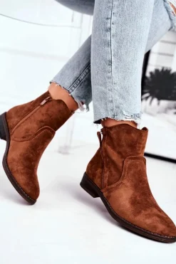Outlet Botki Damskie Kowbojki Płaski Obcas Camel Plemmi Damskie Botki Zimowe Damskie|Brązowe I Beżowe Botki