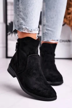 Clearance Evento Botki Damskie Kowbojki Płaski Obcas Czarne Plemmi