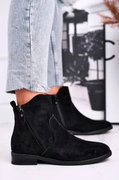 Clearance Evento Botki Damskie Kowbojki Płaski Obcas Czarne Plemmi