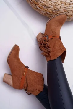 Botki Na Słupku|Brązowe I Beżowe Botki>Boto Botki Damskie Kowbojki z Klamrą Brązowe Marciapo