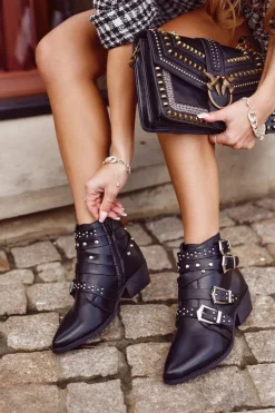Botki Na Słupku|Czarne Botki>Boto Botki Damskie Kowbojki z Klamrami Czarne West