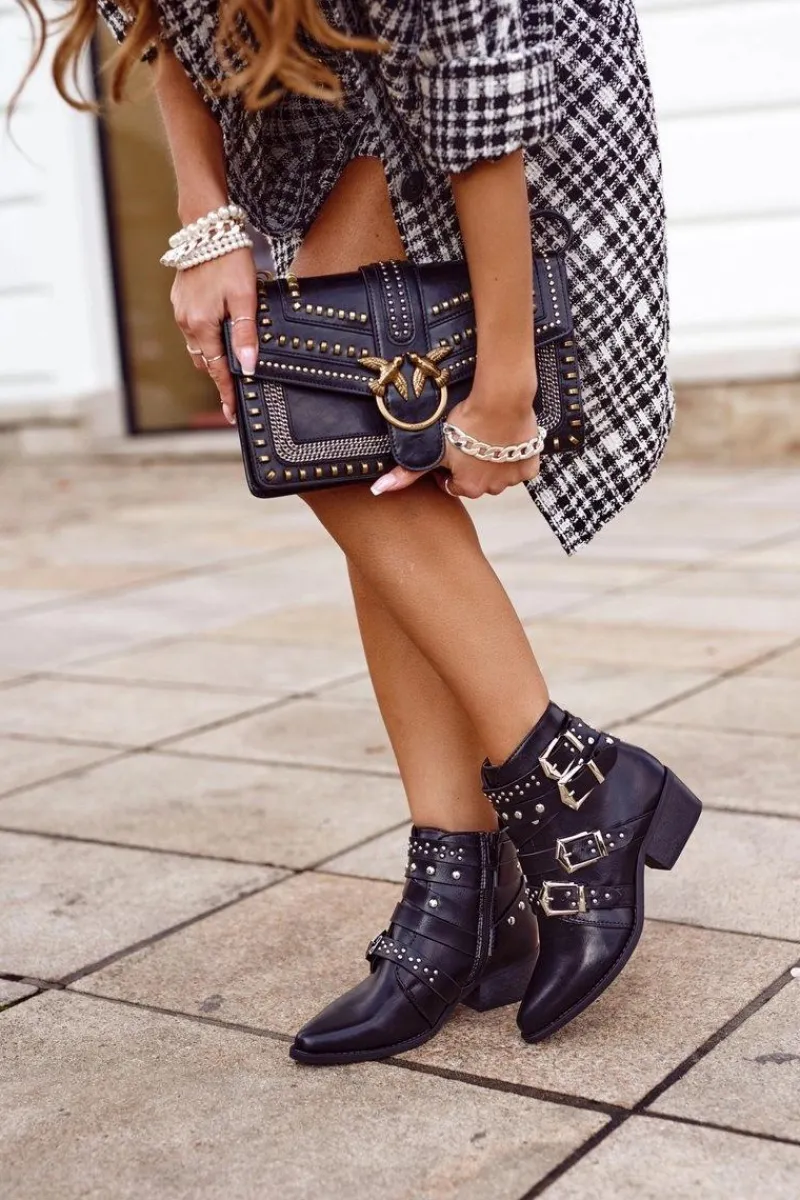 Botki Na Słupku|Czarne Botki>Boto Botki Damskie Kowbojki z Klamrami Czarne West