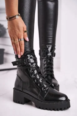 Damskie Trapery|Botki Sznurowane>Boto Botki Damskie Lakierowane Czarne Head Up