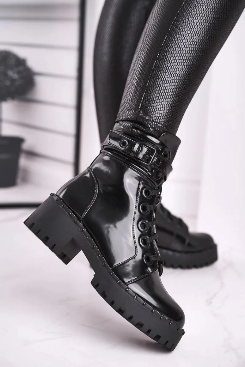 Damskie Trapery|Botki Sznurowane>Boto Botki Damskie Lakierowane Czarne Head Up