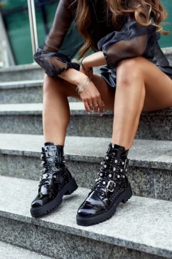 Czarne Botki|Botki Zimowe Damskie>Boto Botki Damskie Lakierowane Czarne Camelia