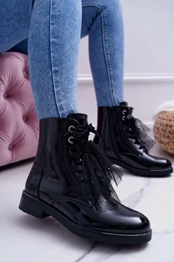 Sale Botki Damskie Lakierowane Płaskie Czarne Barski 39-2 Damskie Botki Sznurowane|Botki Zimowe Damskie