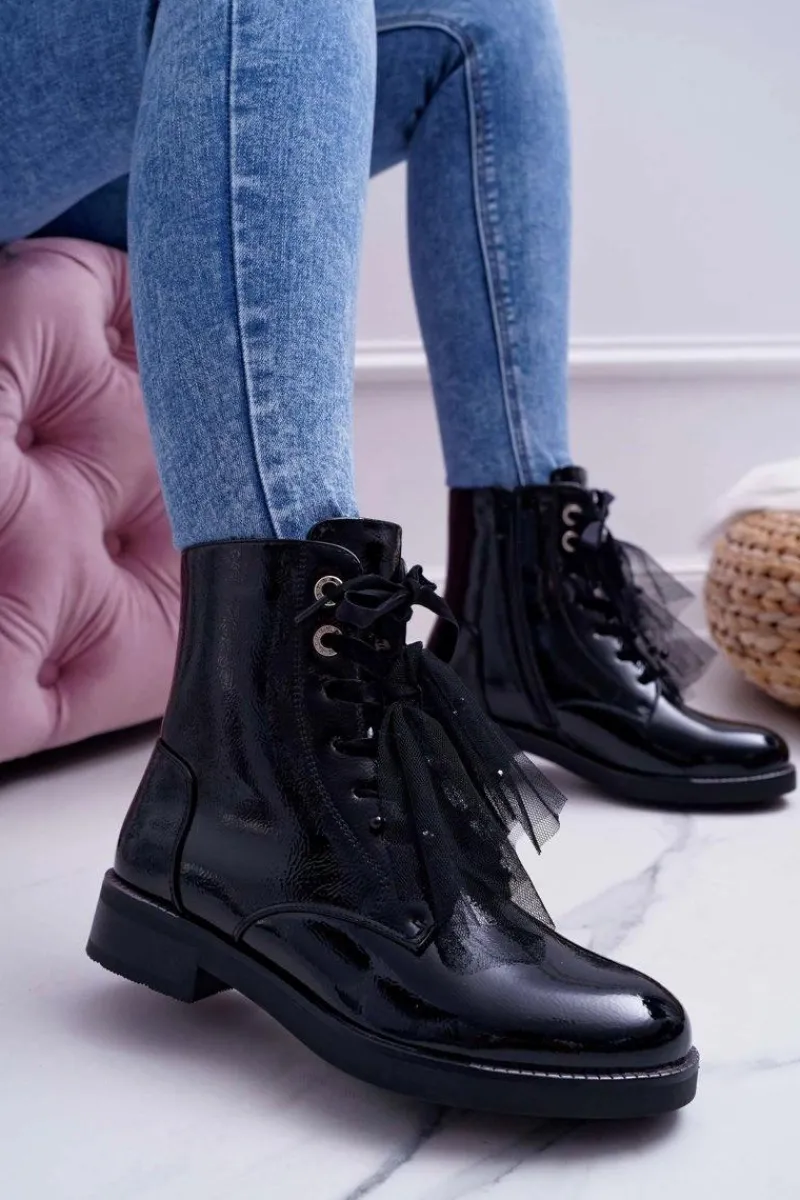 Sale Botki Damskie Lakierowane Płaskie Czarne Barski 39-2 Damskie Botki Sznurowane|Botki Zimowe Damskie