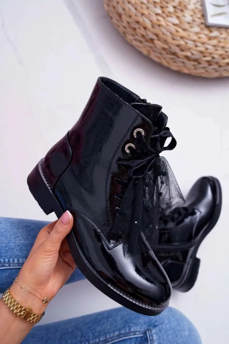 Sale Botki Damskie Lakierowane Płaskie Czarne Barski 39-2 Damskie Botki Sznurowane|Botki Zimowe Damskie