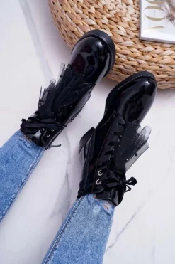 Sale Botki Damskie Lakierowane Płaskie Czarne Barski 39-2 Damskie Botki Sznurowane|Botki Zimowe Damskie