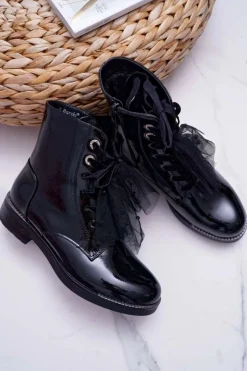 Sale Botki Damskie Lakierowane Płaskie Czarne Barski 39-2 Damskie Botki Sznurowane|Botki Zimowe Damskie