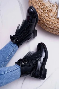 Sale Botki Damskie Lakierowane Płaskie Czarne Barski 39-2 Damskie Botki Sznurowane|Botki Zimowe Damskie