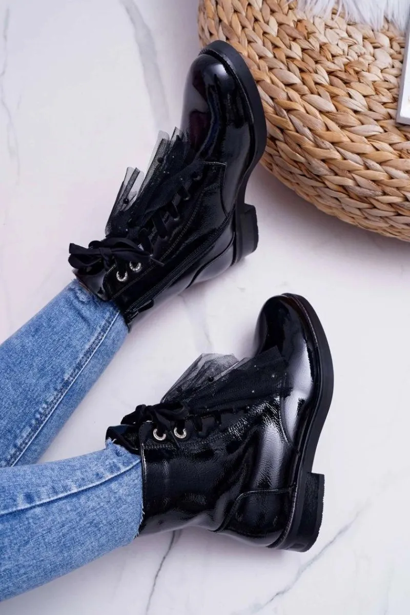 Sale Botki Damskie Lakierowane Płaskie Czarne Barski 39-2 Damskie Botki Sznurowane|Botki Zimowe Damskie