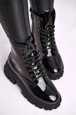 Clearance Botki Damskie Lakierowane Trapery Czarne Linzo Damskie Damskie Trapery|Botki Sznurowane