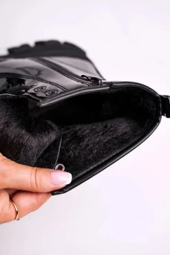 Clearance Botki Damskie Lakierowane Trapery Czarne Linzo Damskie Damskie Trapery|Botki Sznurowane