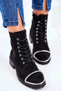New Botki Damskie Lu Boo Czarne Zamszowe Workery ze Stalową Oprawą Jacksy Damskie Botki Sznurowane|Botki Workery
