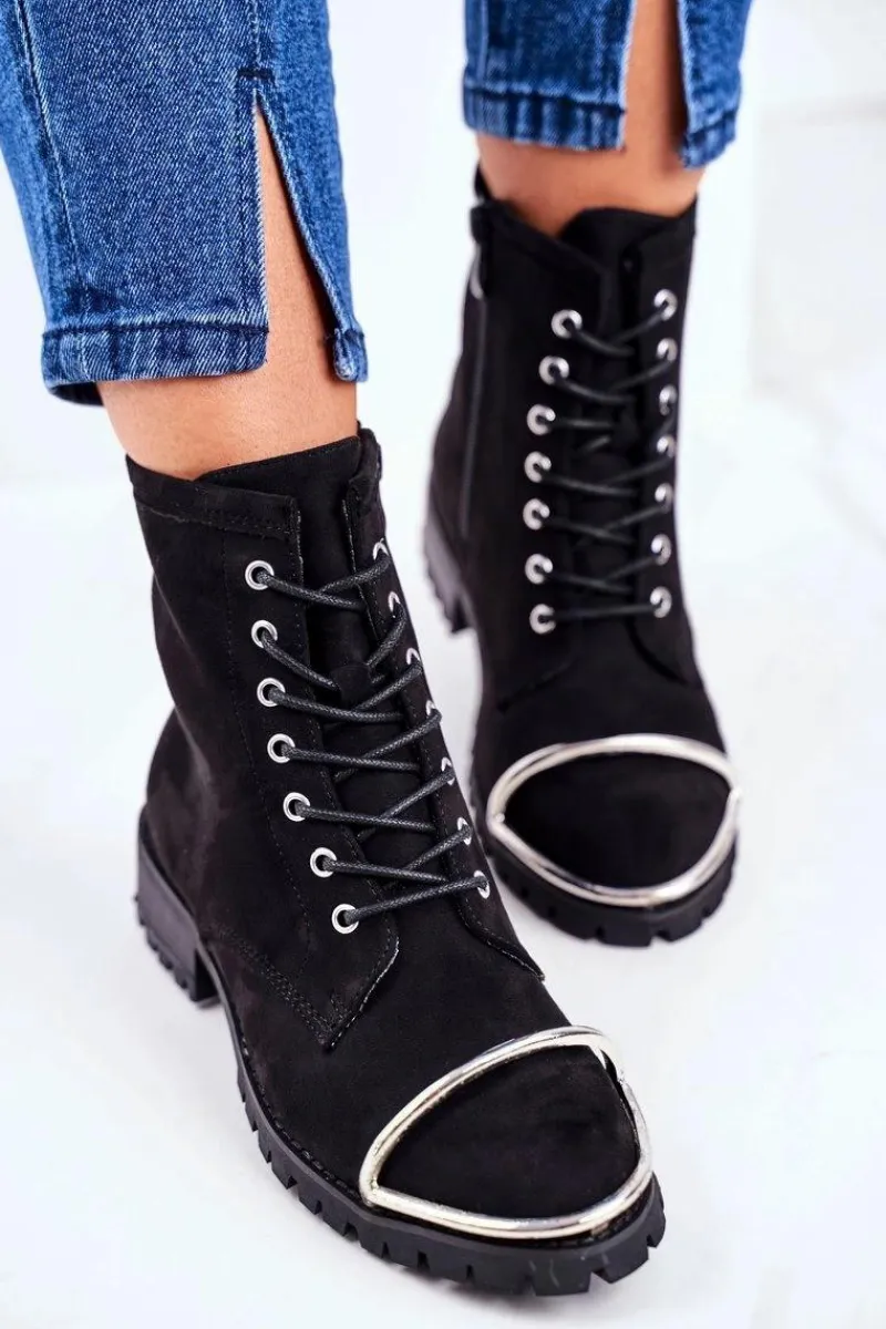 New Botki Damskie Lu Boo Czarne Zamszowe Workery ze Stalową Oprawą Jacksy Damskie Botki Sznurowane|Botki Workery