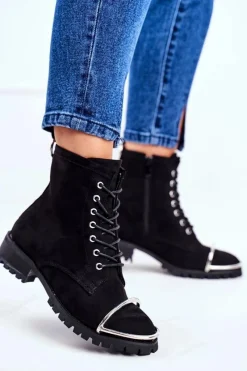 New Botki Damskie Lu Boo Czarne Zamszowe Workery ze Stalową Oprawą Jacksy Damskie Botki Sznurowane|Botki Workery