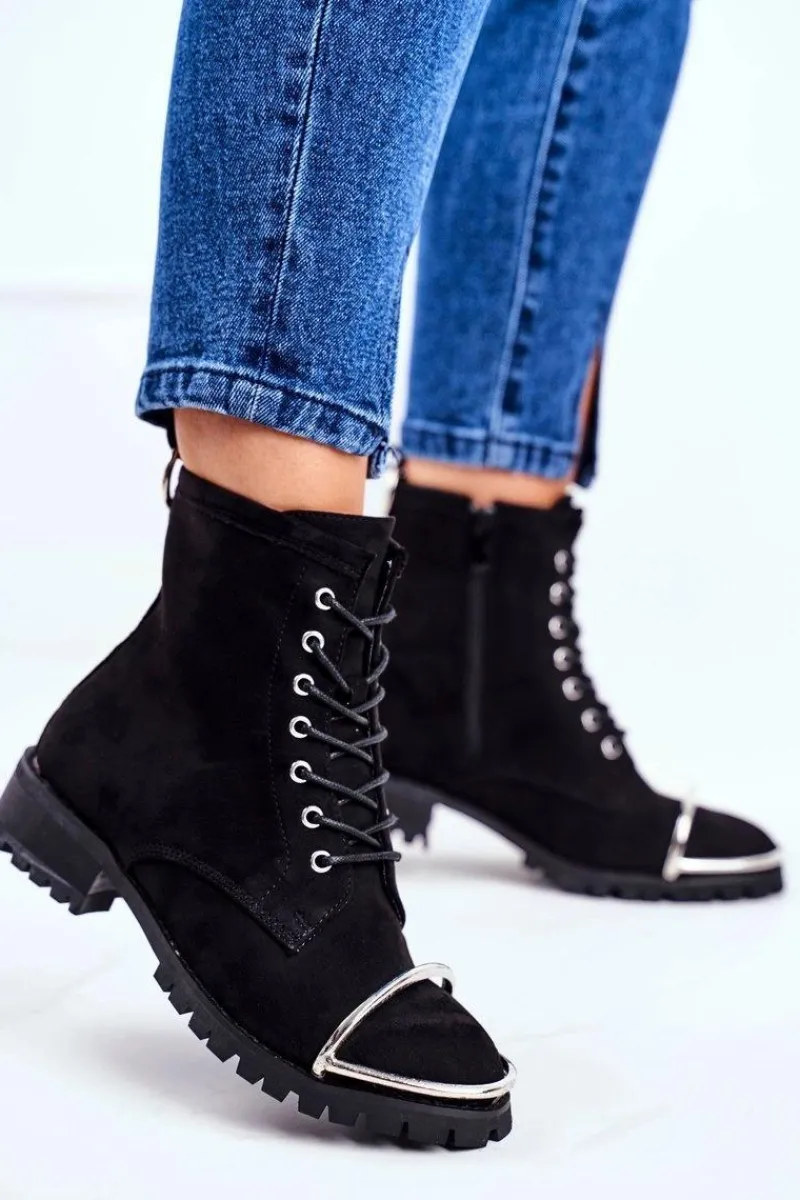 New Botki Damskie Lu Boo Czarne Zamszowe Workery ze Stalową Oprawą Jacksy Damskie Botki Sznurowane|Botki Workery