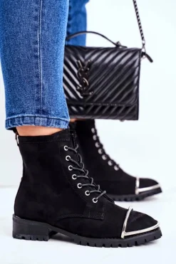 New Botki Damskie Lu Boo Czarne Zamszowe Workery ze Stalową Oprawą Jacksy Damskie Botki Sznurowane|Botki Workery