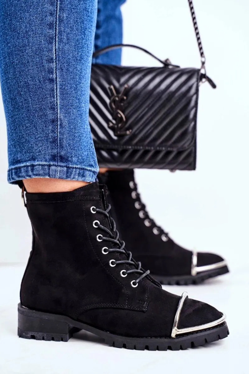 New Botki Damskie Lu Boo Czarne Zamszowe Workery ze Stalową Oprawą Jacksy Damskie Botki Sznurowane|Botki Workery