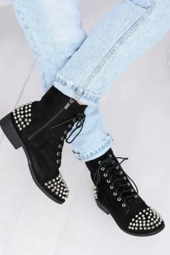 Botki Sznurowane|Botki Workery>Boto Botki Damskie Lu Boo Zamszowe Czarne Workery z Ćwiekami Tension