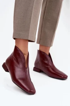 Botki Ocieplane|Botki Skórzane>Boto Botki Damskie Na Delikatnym Obcasie Bordowe Elvienne