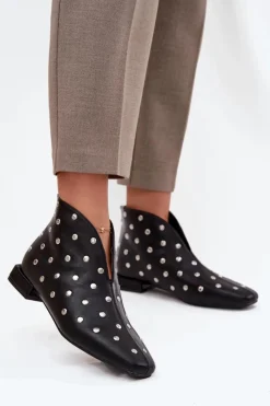 Outlet Boto Botki Damskie Na Delikatnym Obcasie Ze Srebrnym Zdobieniem Czarne Rosalind