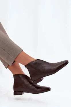 Hot Botki Damskie Na Delikatnym Obcasie Czekoladowe Elvienne Damskie Botki Ocieplane|Botki Skórzane