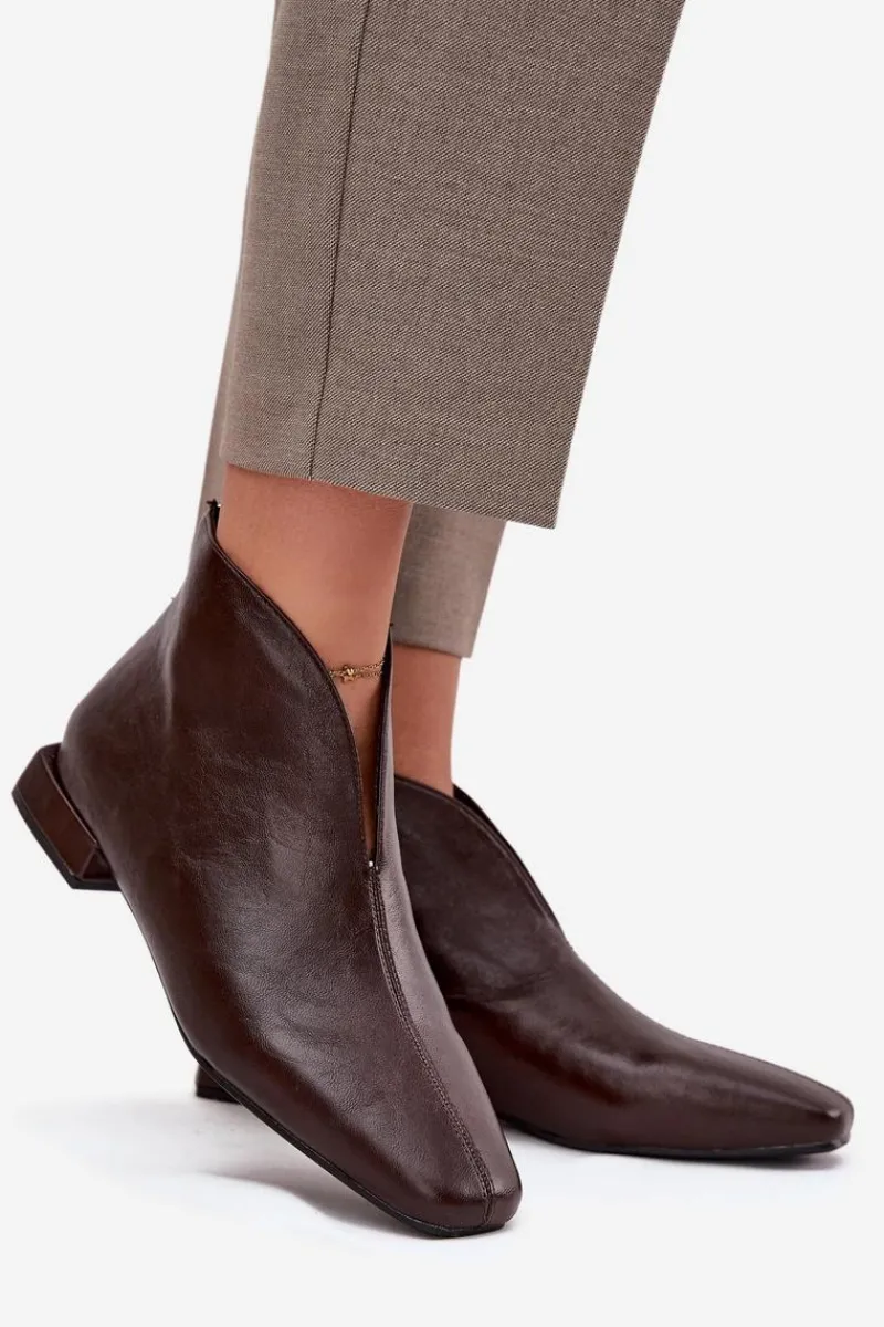 Hot Botki Damskie Na Delikatnym Obcasie Czekoladowe Elvienne Damskie Botki Ocieplane|Botki Skórzane