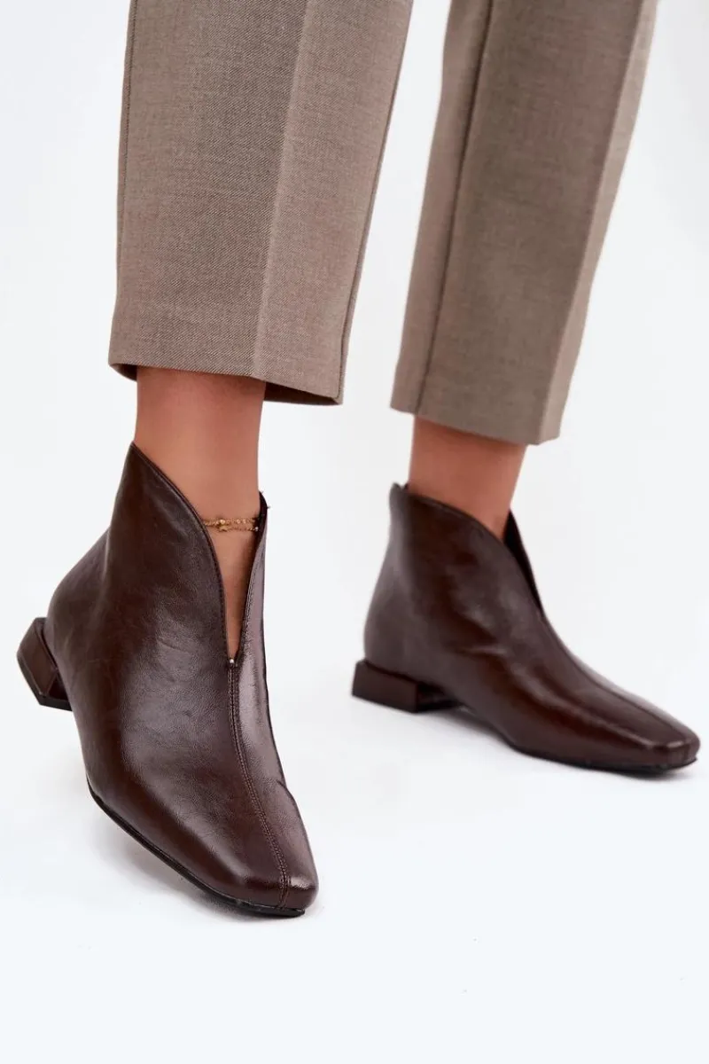 Hot Botki Damskie Na Delikatnym Obcasie Czekoladowe Elvienne Damskie Botki Ocieplane|Botki Skórzane