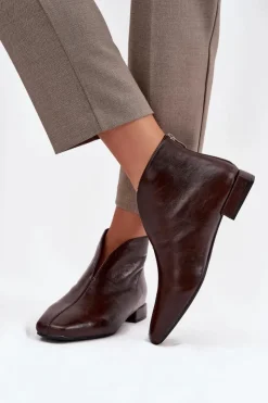 Hot Botki Damskie Na Delikatnym Obcasie Czekoladowe Elvienne Damskie Botki Ocieplane|Botki Skórzane