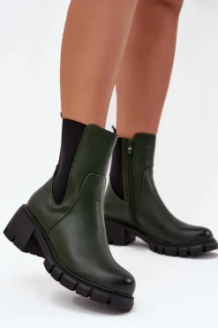 Botki Ocieplane|Botki Na Obcasie>Boto Botki Damskie Na Klocku Eko Skórzane Ciemnozielone Kyra Zielony