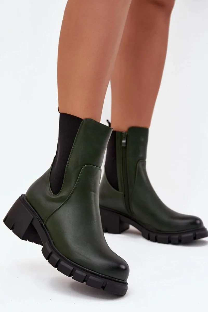 Botki Ocieplane|Botki Na Obcasie>Boto Botki Damskie Na Klocku Eko Skórzane Ciemnozielone Kyra Zielony