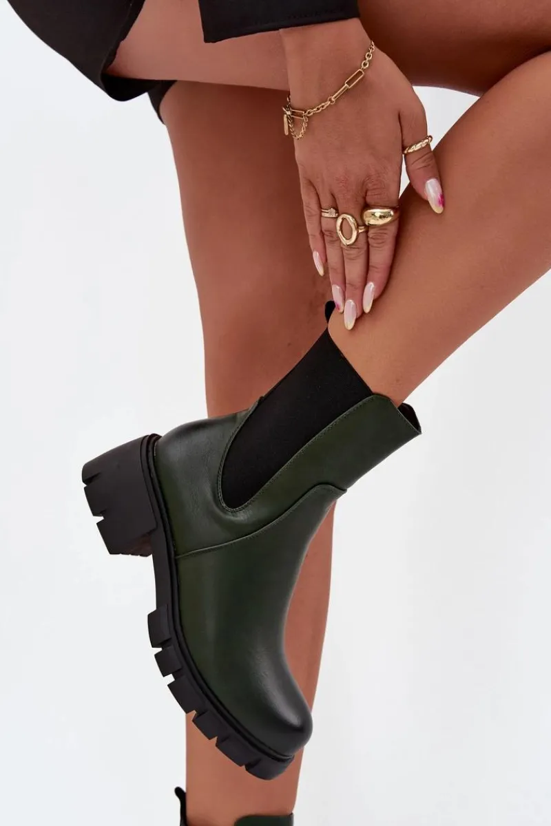 Botki Ocieplane|Botki Na Obcasie>Boto Botki Damskie Na Klocku Eko Skórzane Ciemnozielone Kyra Zielony