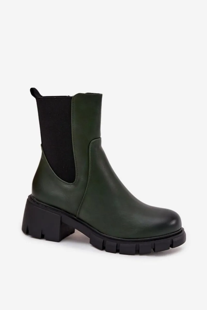 Botki Ocieplane|Botki Na Obcasie>Boto Botki Damskie Na Klocku Eko Skórzane Ciemnozielone Kyra Zielony