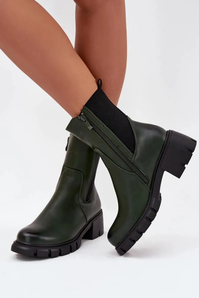 Botki Ocieplane|Botki Na Obcasie>Boto Botki Damskie Na Klocku Eko Skórzane Ciemnozielone Kyra Zielony