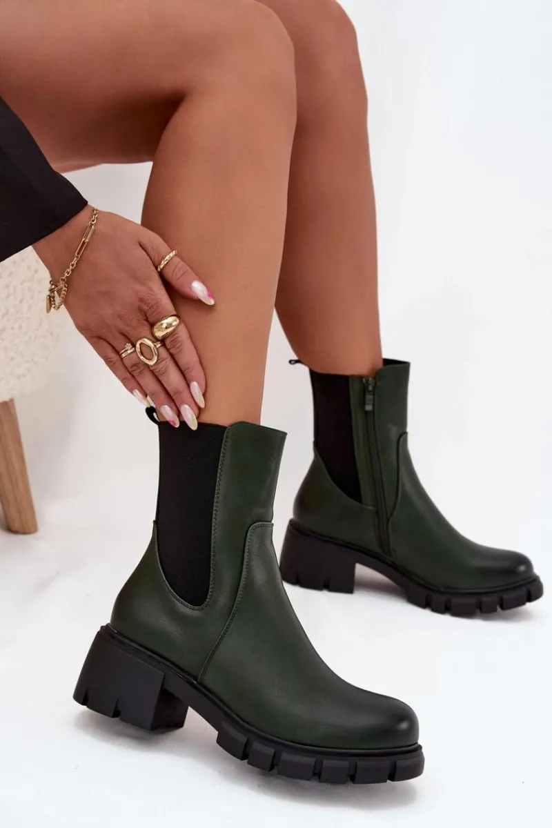 Botki Ocieplane|Botki Na Obcasie>Boto Botki Damskie Na Klocku Eko Skórzane Ciemnozielone Kyra Zielony