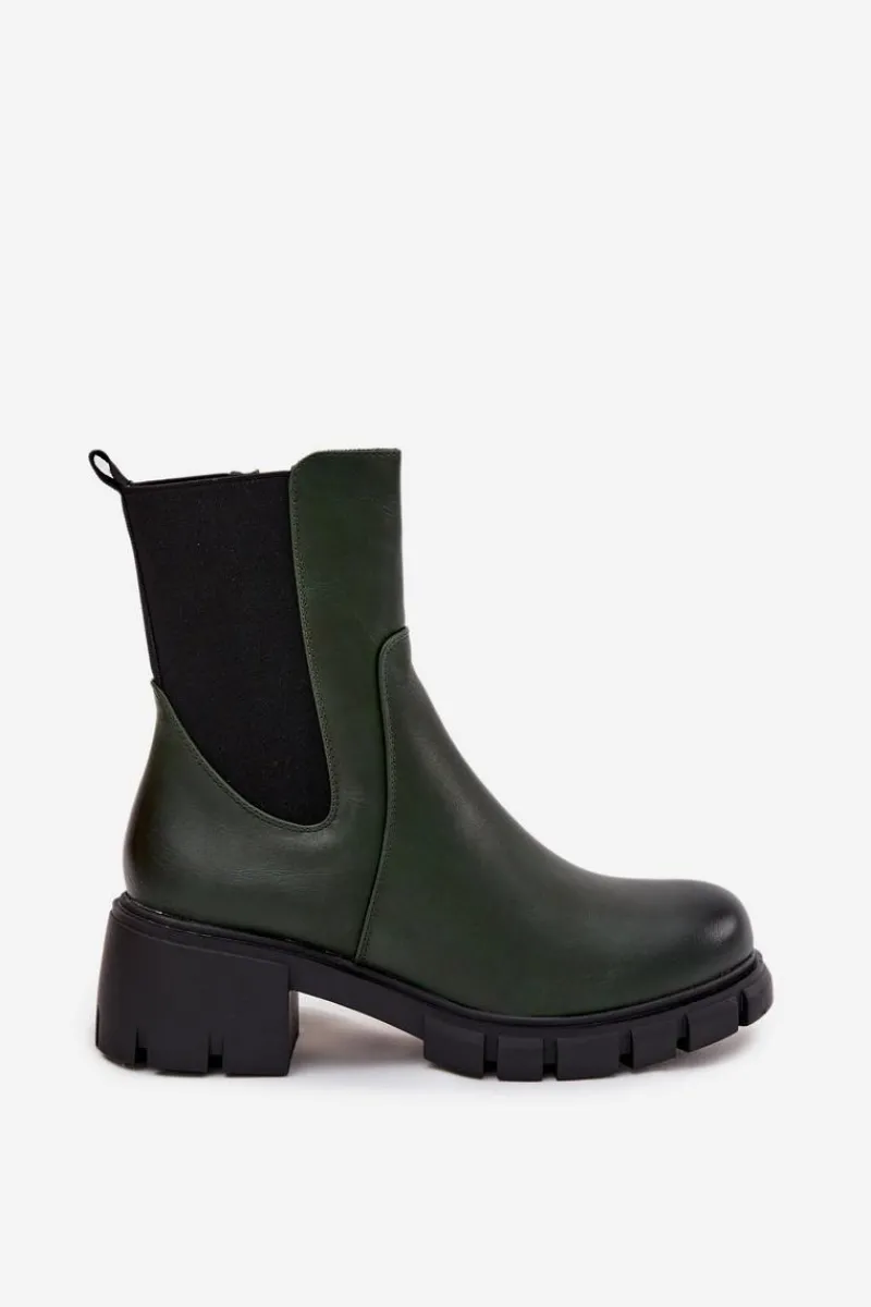 Botki Ocieplane|Botki Na Obcasie>Boto Botki Damskie Na Klocku Eko Skórzane Ciemnozielone Kyra Zielony