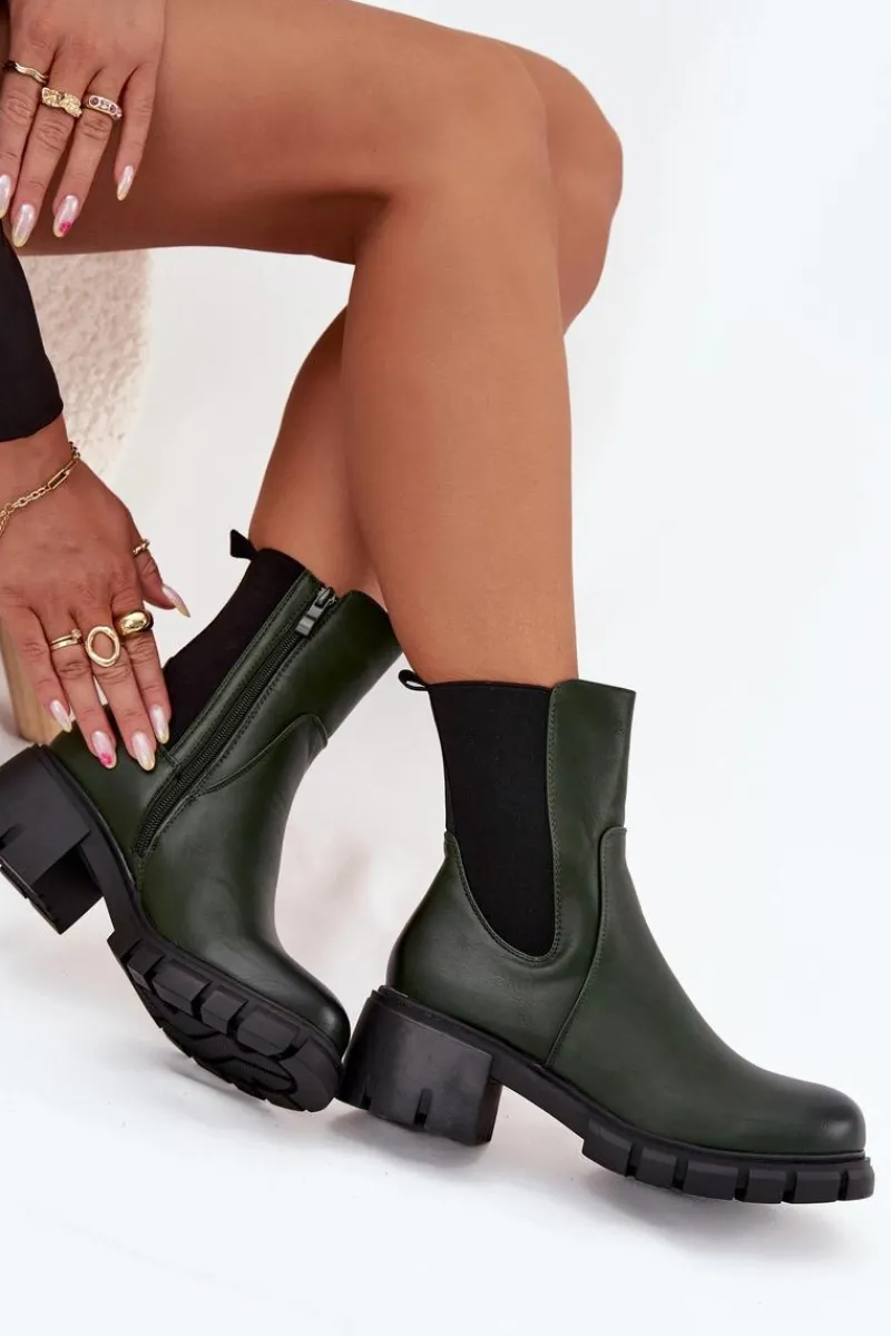 Botki Ocieplane|Botki Na Obcasie>Boto Botki Damskie Na Klocku Eko Skórzane Ciemnozielone Kyra Zielony