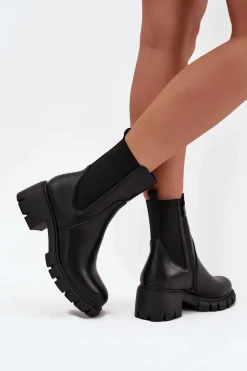 Boto Botki Damskie Na Klocku Eko Skórzane Czarne Kyra Czarny