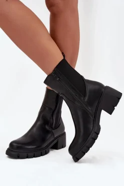 Boto Botki Damskie Na Klocku Eko Skórzane Czarne Kyra Czarny