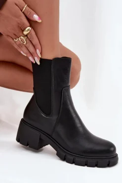 Boto Botki Damskie Na Klocku Eko Skórzane Czarne Kyra Czarny